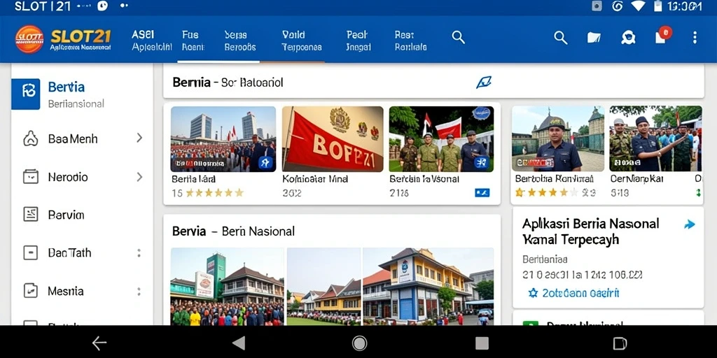 Tampilan utama aplikasi SLOT21 menampilkan berita terkini dan kategori berita.